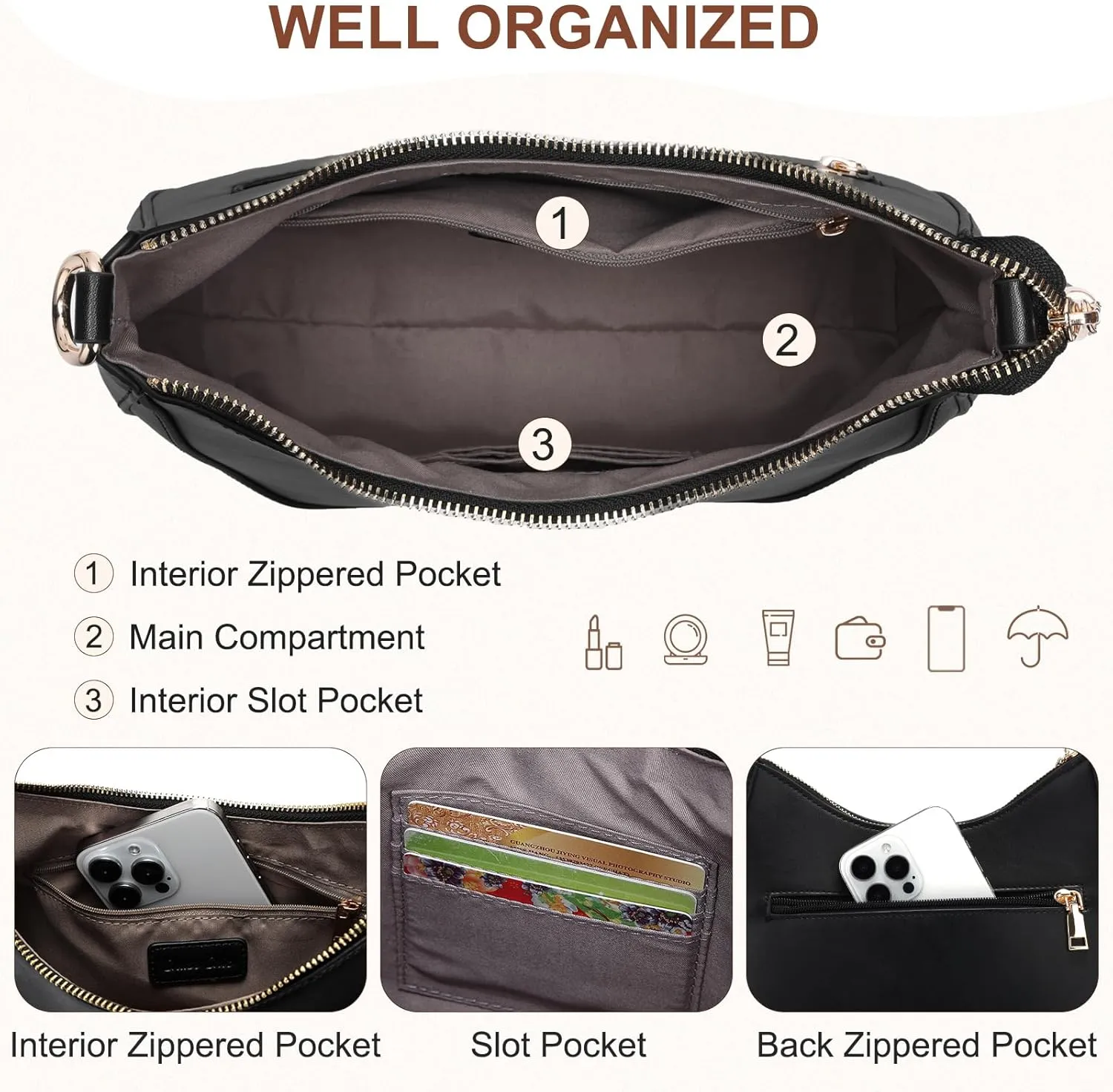 Chase Chic Crossbody Purse for Women, Small Vegan Leather Shoulder Bag Ladies Crescent Handbags with Detachable Strap