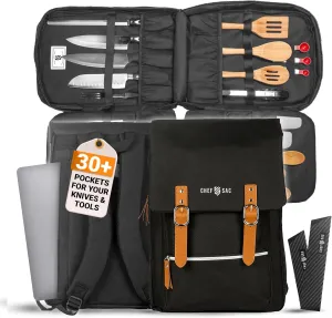 Chef Knife Bag Vintage Backpack | 30  Pockets for Knives and Chef Tools | Knife Carrying Case with Hidden Back Pocket for Tablet | Sturdy Knife Bag for Chefs & Culinary Students (Black)