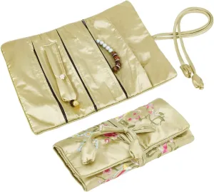 CHGCRAFT 2Pcs Embroidery Travel Jewelry Bag Roll Silk Jewelry Organizer Practical Jewelry Roll with Tie Close, Yellow Green, 7.87x11x0.16inch