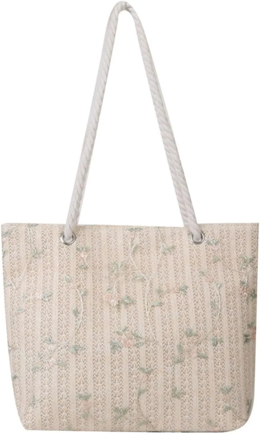Chic Floral Lace Overlay Straw Tote Bag, Large Capacity Shoulder lunch Bag