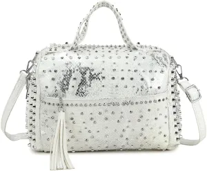 Chikencall Women Rivets Boston Handbag Snake Print Patent Leather Shoulder Purse Travel Shopper Crossbody Satchel with Tassel
