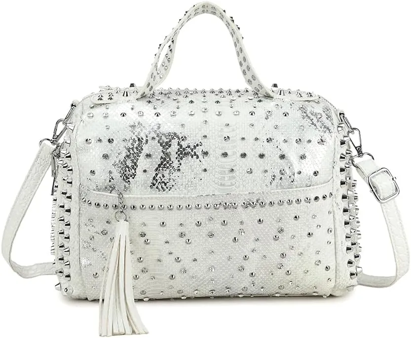 Chikencall Women Rivets Boston Handbag Snake Print Patent Leather Shoulder Purse Travel Shopper Crossbody Satchel with Tassel