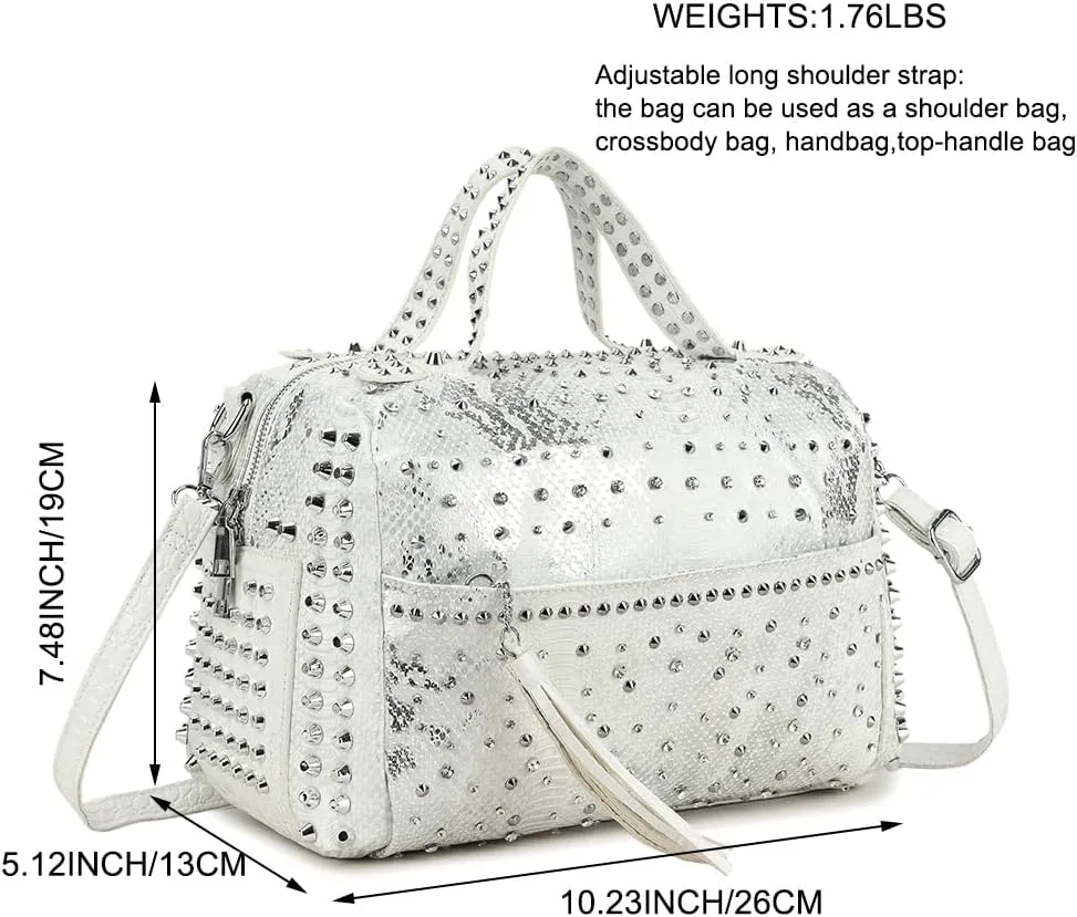 Chikencall Women Rivets Boston Handbag Snake Print Patent Leather Shoulder Purse Travel Shopper Crossbody Satchel with Tassel