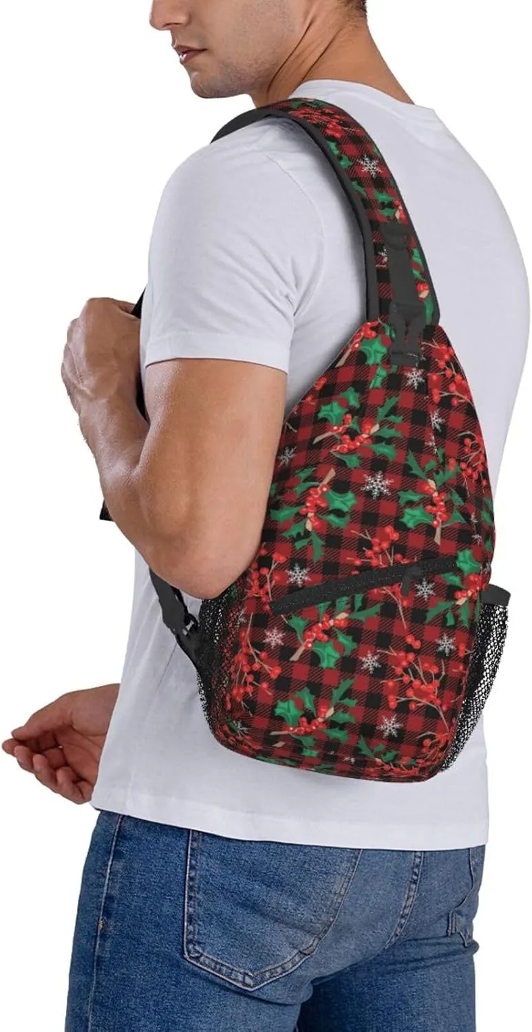 Christmas Plaid And Holly Sling Backpack Chest Bag Crossbody Shoulder Bag Gym Cycling Travel Hiking Daypack For Men Women