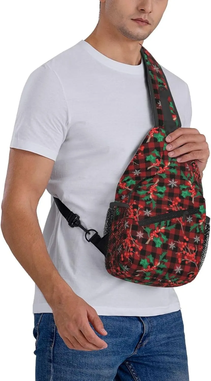 Christmas Plaid And Holly Sling Backpack Chest Bag Crossbody Shoulder Bag Gym Cycling Travel Hiking Daypack For Men Women