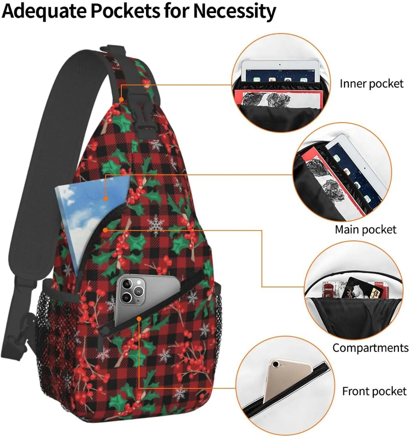 Christmas Plaid And Holly Sling Backpack Chest Bag Crossbody Shoulder Bag Gym Cycling Travel Hiking Daypack For Men Women