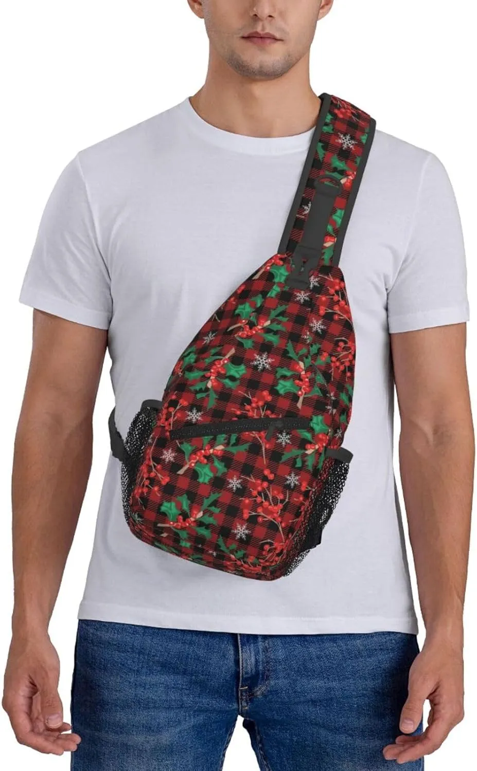 Christmas Plaid And Holly Sling Backpack Chest Bag Crossbody Shoulder Bag Gym Cycling Travel Hiking Daypack For Men Women