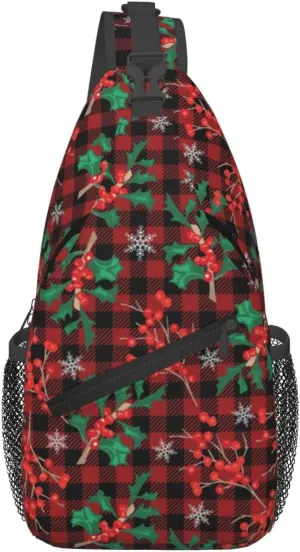Christmas Plaid And Holly Sling Backpack Chest Bag Crossbody Shoulder Bag Gym Cycling Travel Hiking Daypack For Men Women