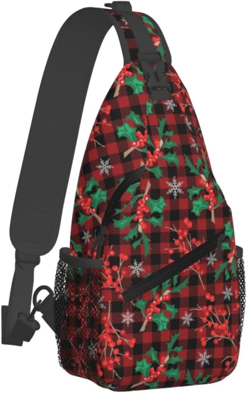 Christmas Plaid And Holly Sling Backpack Chest Bag Crossbody Shoulder Bag Gym Cycling Travel Hiking Daypack For Men Women