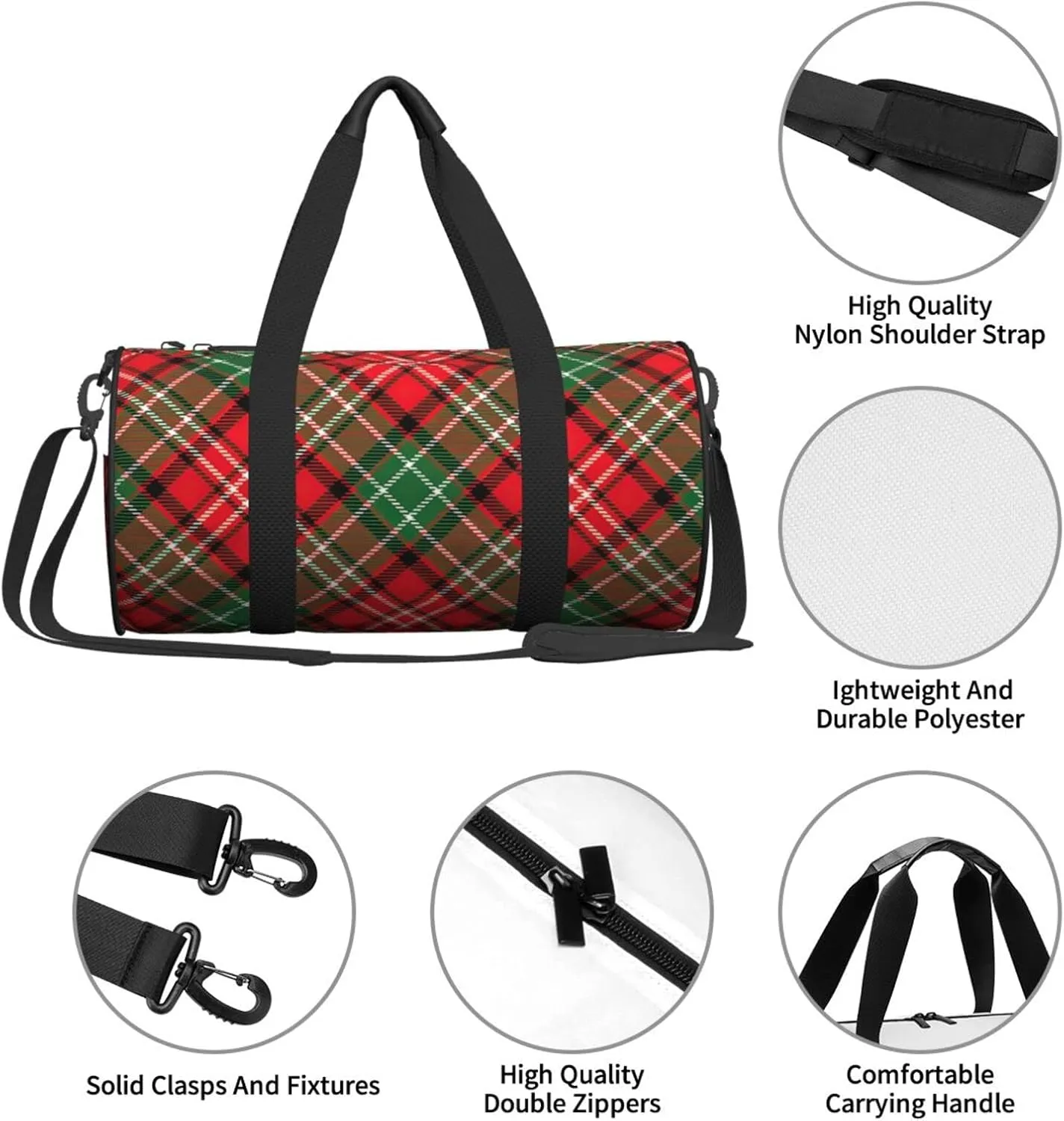 Christmas Plaid Round Travel Duffle Bags Gym Training Holdall Large Sport Bags for Men Women Handbag