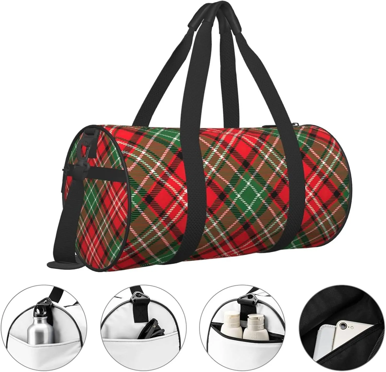 Christmas Plaid Round Travel Duffle Bags Gym Training Holdall Large Sport Bags for Men Women Handbag