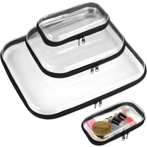 Clear Hard Shell Zipper Case 3 Pcs - Transparent Hard Pouches 3 Sizes, Double Zippered Bags, Portable Zipper Organizer Bins, Waterproof Cosmetic Makeup Bags for Snacks, Toys, Black