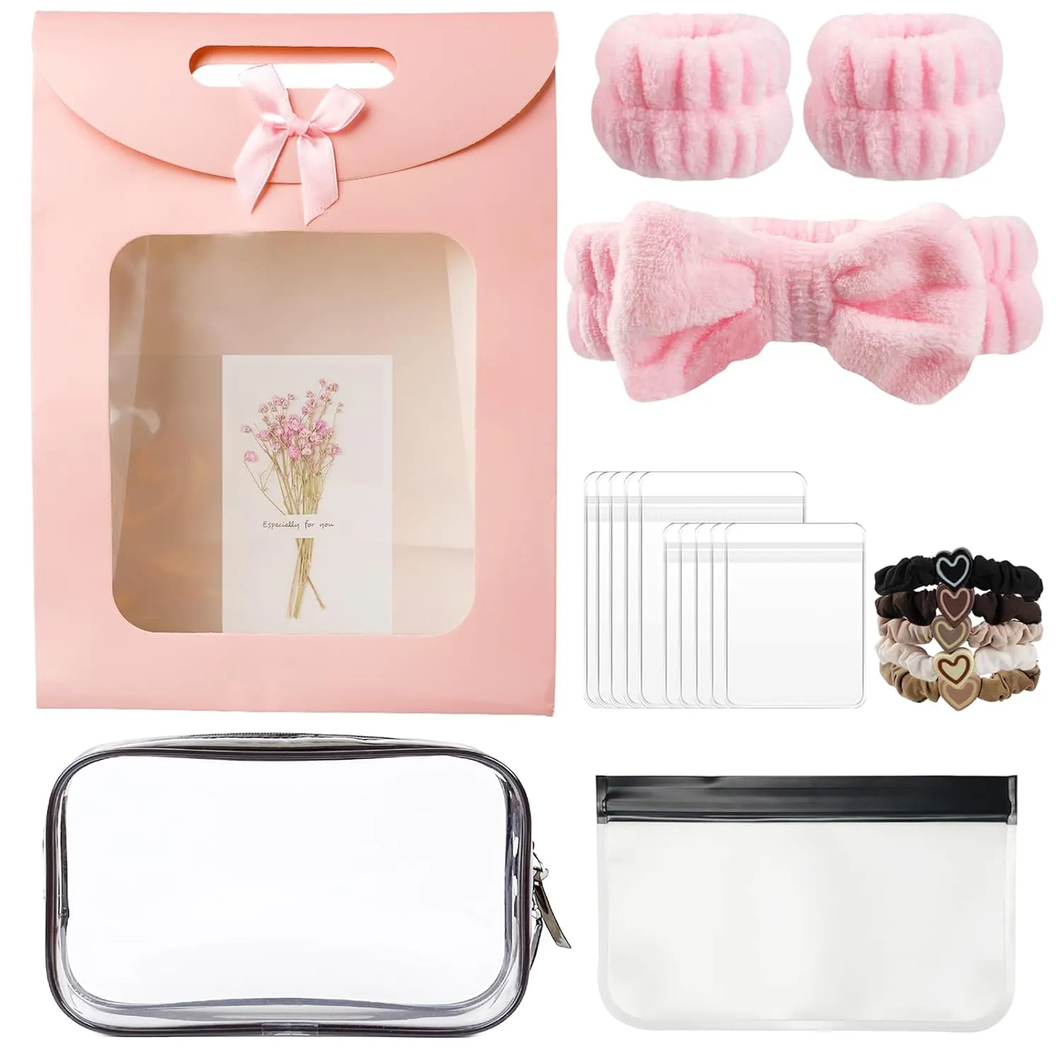 Clear Makeup Bag Gift Set for Women - Travel Cosmetic Organizer with Brush Pouch, Jewelry Bags, Spa Headband, Wristbands & Hair Ties - Ideal for Birthday, Bridesmaid, Mother's Day, Graduation