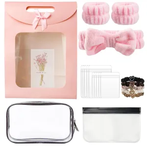 Clear Makeup Bag Gift Set for Women - Travel Cosmetic Organizer with Brush Pouch, Jewelry Bags, Spa Headband, Wristbands & Hair Ties - Ideal for Birthday, Bridesmaid, Mother's Day, Graduation