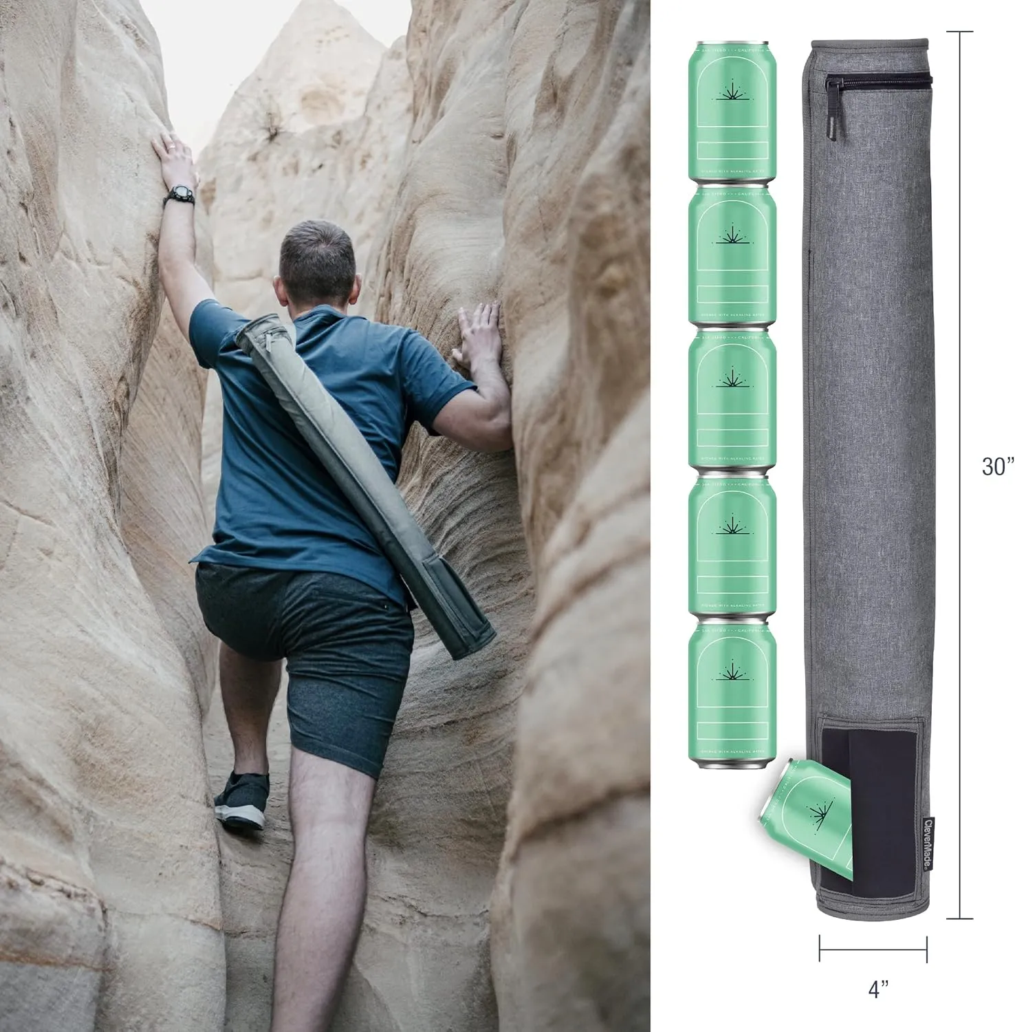 CleverMade Insulated Cooler Beer Tube Sleeve - 6 Cans / 72 oz Grey / Charcoal Portable Cooling Bag w/ Shoulder Strap, Leak Proof Travel Ice Chest