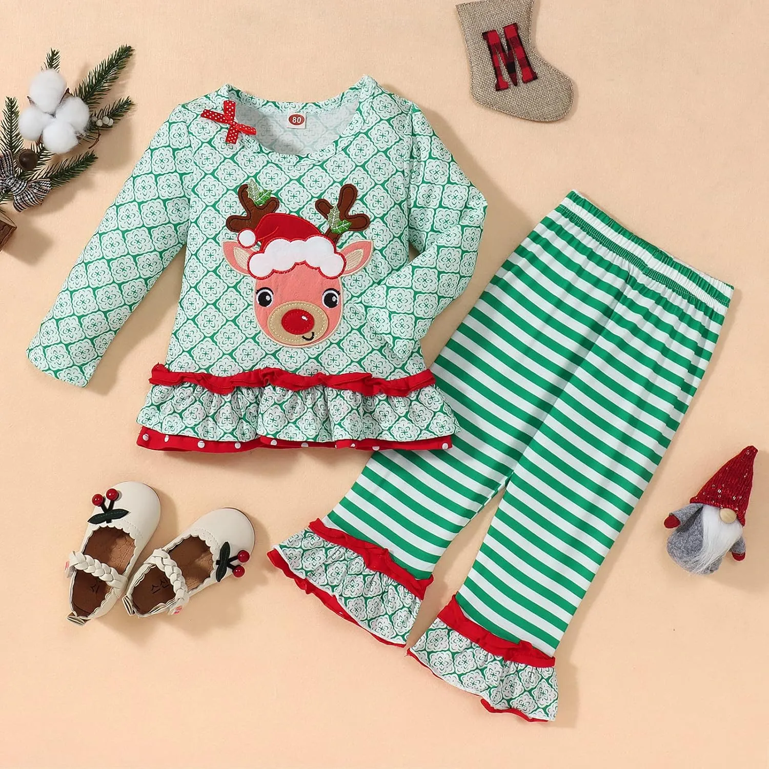 CM C&M WODRO Toddler Baby Girl Christmas Deer Outfit Long Sleeve Ruffle Top Fall Clothes Striped Flare Pants Set