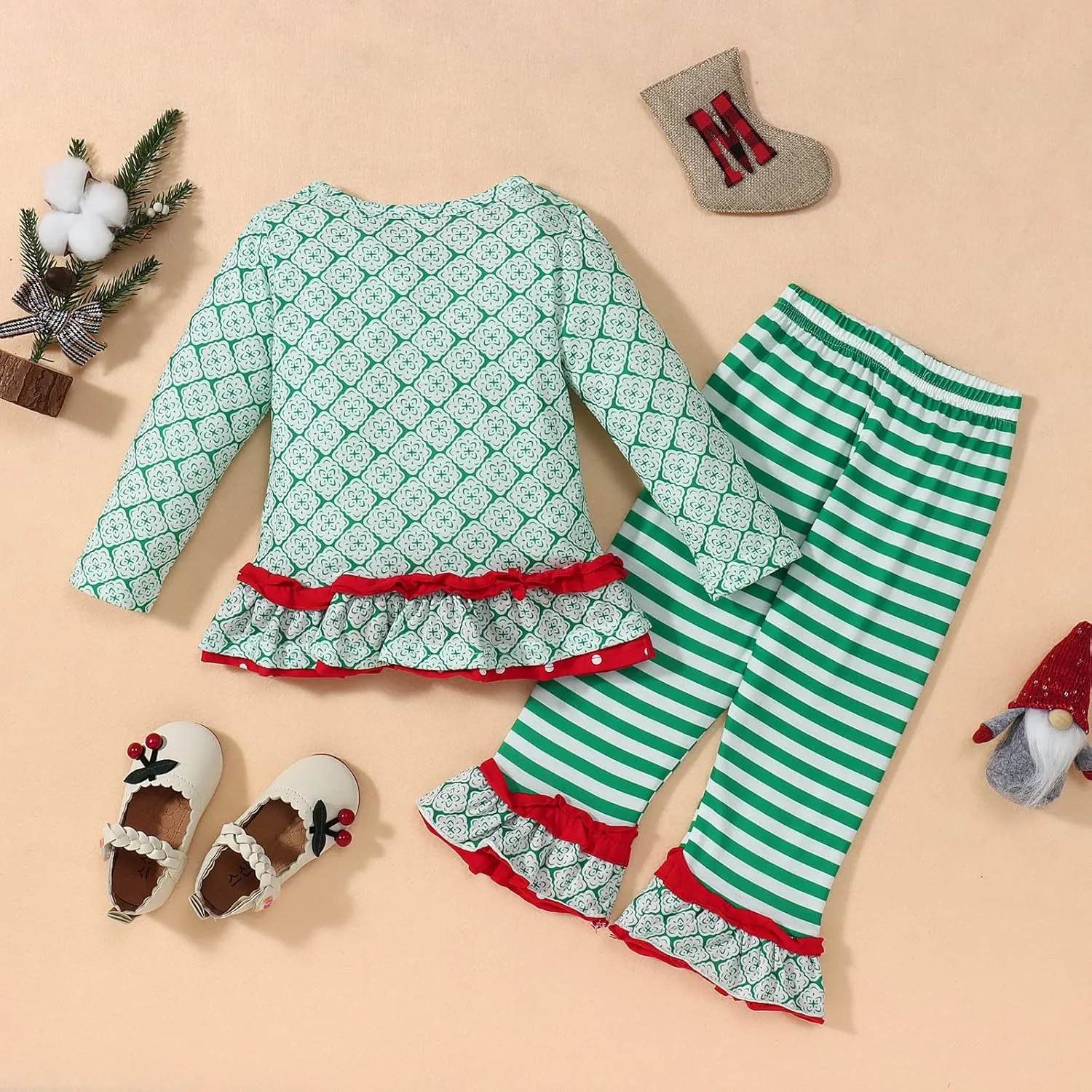 CM C&M WODRO Toddler Baby Girl Christmas Deer Outfit Long Sleeve Ruffle Top Fall Clothes Striped Flare Pants Set