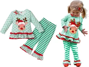 CM C&M WODRO Toddler Baby Girl Christmas Deer Outfit Long Sleeve Ruffle Top Fall Clothes Striped Flare Pants Set
