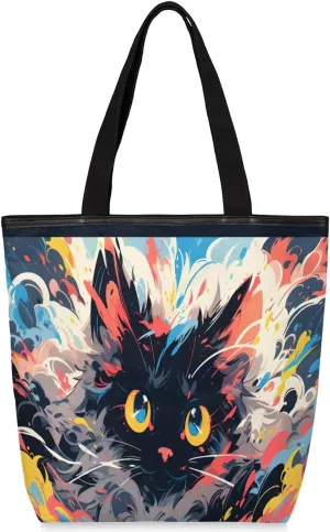 Colorful Cat Excitement Canvas Tote Bag with Zipper Inside Pocket Foldaway Women's Shoulder Bag Reusable Grocery Shopping Gift Bags 11 * 4 * 13.6 inches for Daily Work Outdoor Travel Beach Gym
