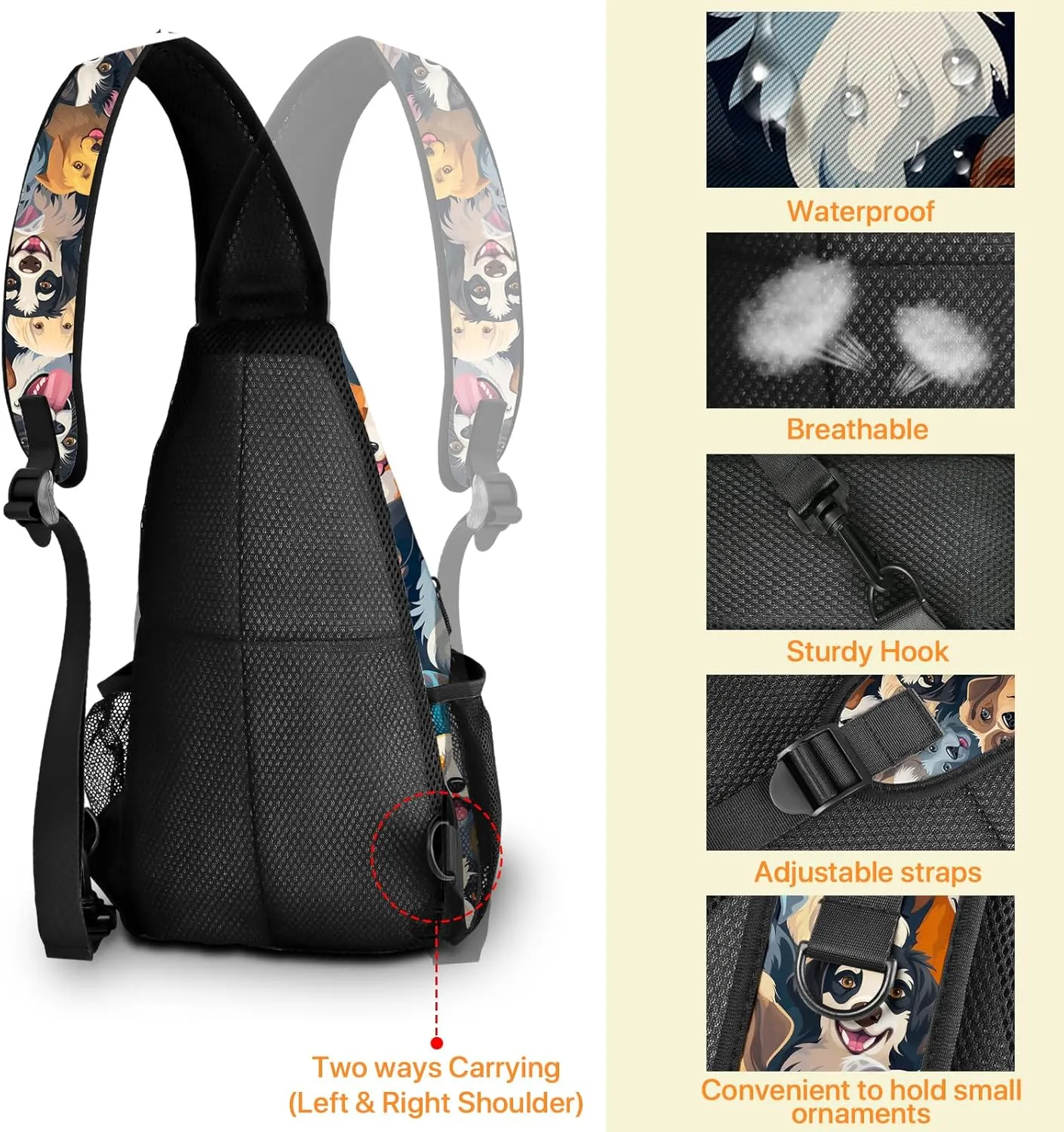 Colorful Dog Sling Bag travel Crossbody Backpack Casual Daypack for Women with Strap Lightweight Outdoor Hiking Climbing Runners