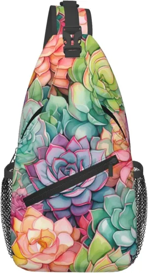 Colorful Foral Succulent Sling Backpack Crossbody Bag, Chest Bag Daypack Fanny Pack Cross Body Bag for Outdoors Hiking Traveling
