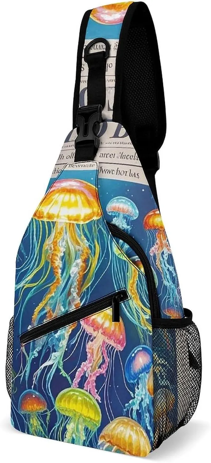Colorful Jellyfish Crossbody Sling Bag for Men Hiking Backpack Travel Chest Bag Man Purse Shoulder Bags Daypack