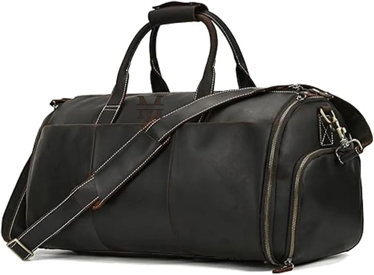 Convertible Garment Bag Genuine Leather with Shoes Compartment Customized Full Grain Leather Carry on Duffle Bag for Men Women Hanging Weekender Business Suitcase for Travel Suit DarkBrown