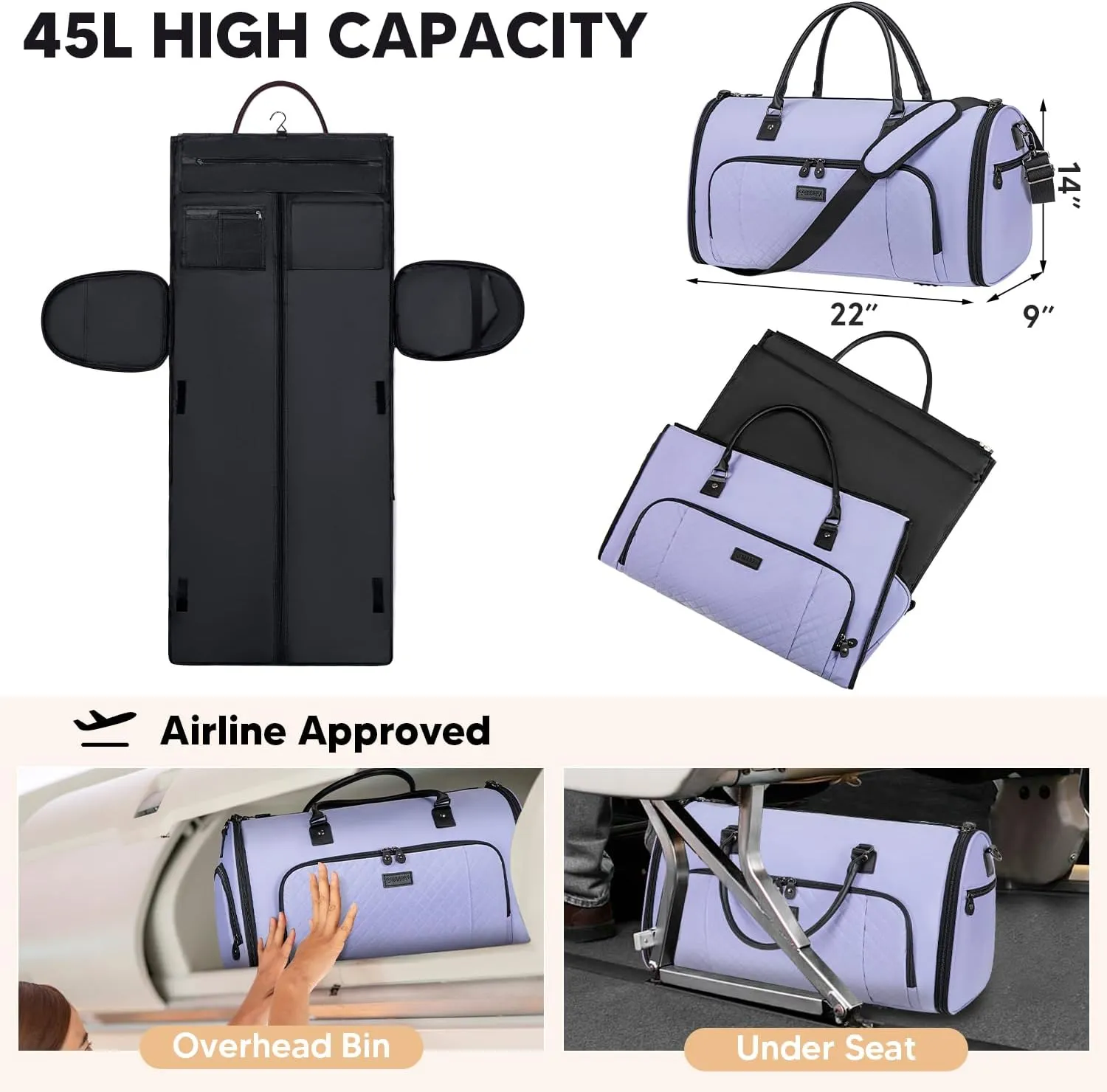 Convertible Garment Bags for Travel, Carry On Garment Duffle Bags for Women, Garment Bag with Shoes Compartment, 2 in 1 Travel Suit Bag with Detachable Shoulder Strap-Purple