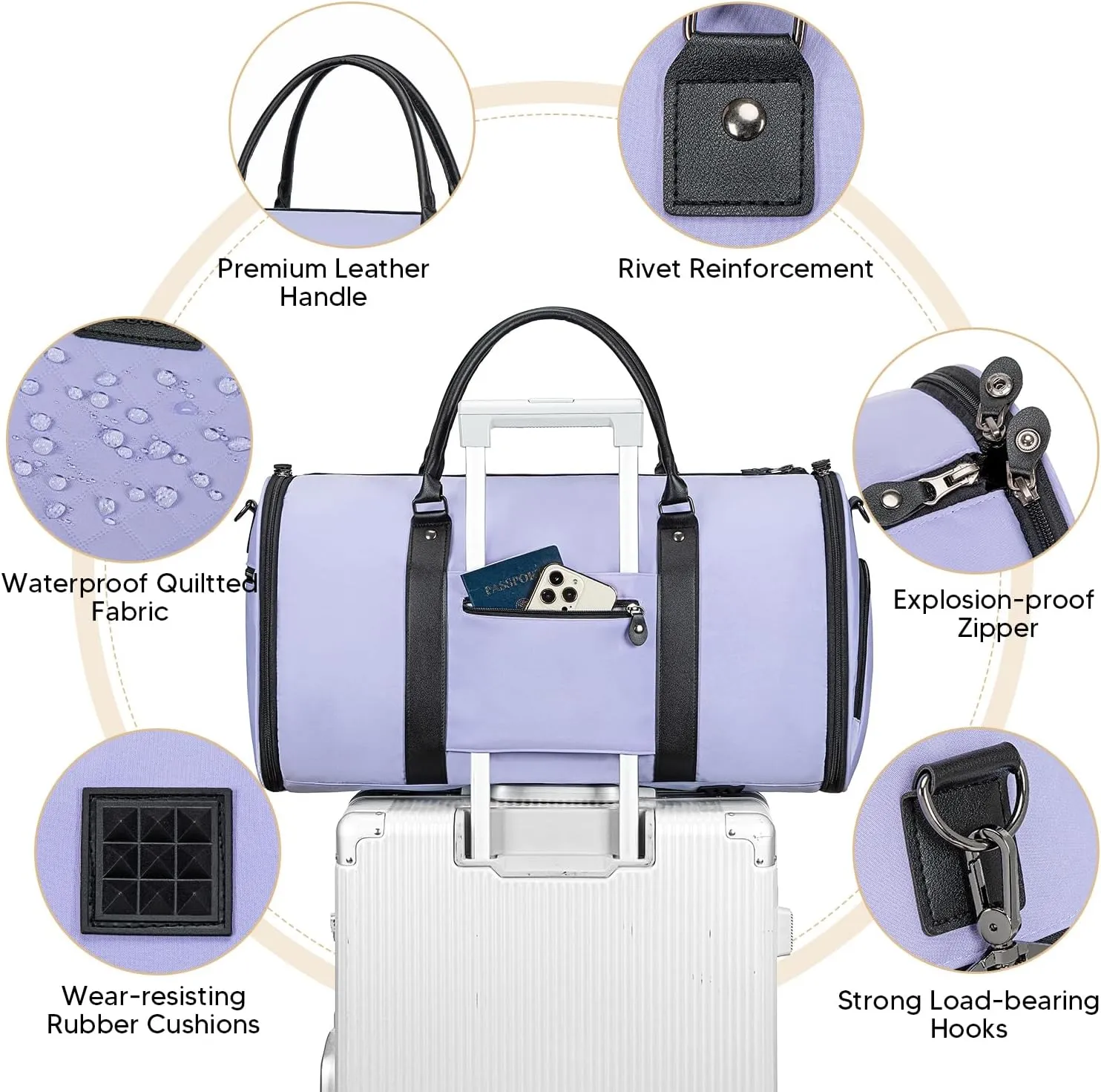 Convertible Garment Bags for Travel, Carry On Garment Duffle Bags for Women, Garment Bag with Shoes Compartment, 2 in 1 Travel Suit Bag with Detachable Shoulder Strap-Purple