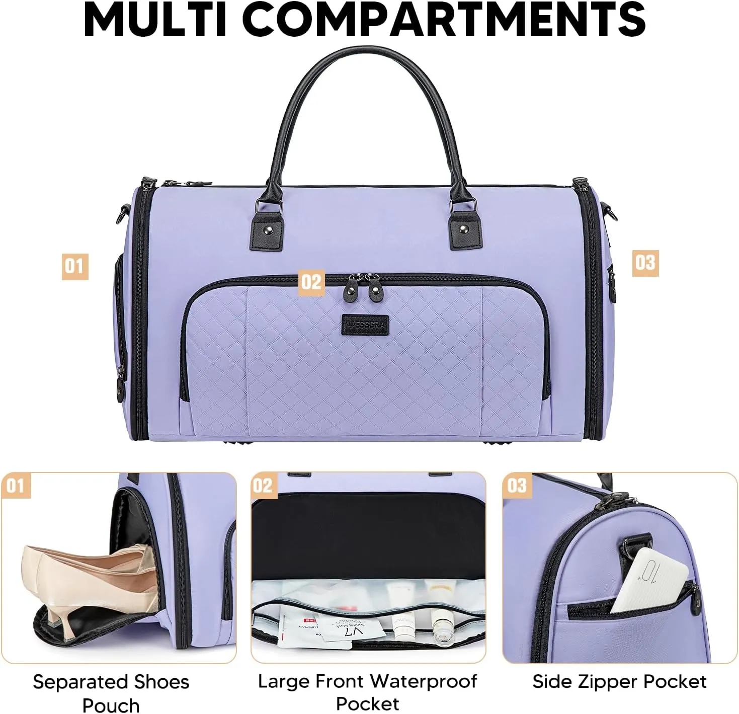 Convertible Garment Bags for Travel, Carry On Garment Duffle Bags for Women, Garment Bag with Shoes Compartment, 2 in 1 Travel Suit Bag with Detachable Shoulder Strap-Purple