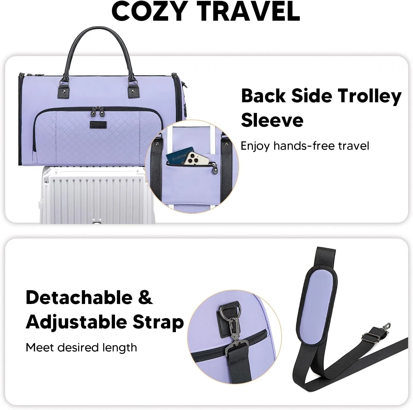 Convertible Garment Bags for Travel, Carry On Garment Duffle Bags for Women, Garment Bag with Shoes Compartment, 2 in 1 Travel Suit Bag with Detachable Shoulder Strap-Purple