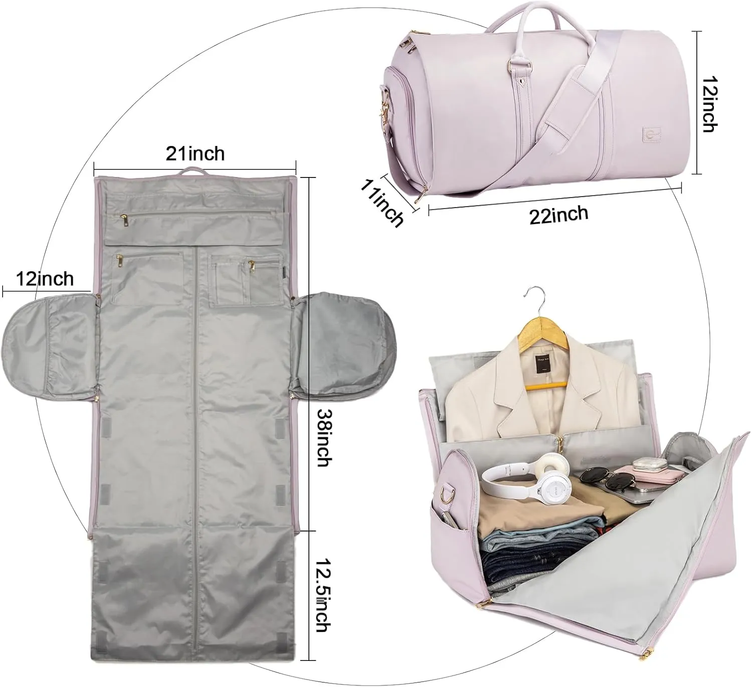 Convertible Garment Travel Bag,Overnight Bag Women Duffle Bag with Shoe Pouch 2 in 1 Hanging Cloting Suit Luggage