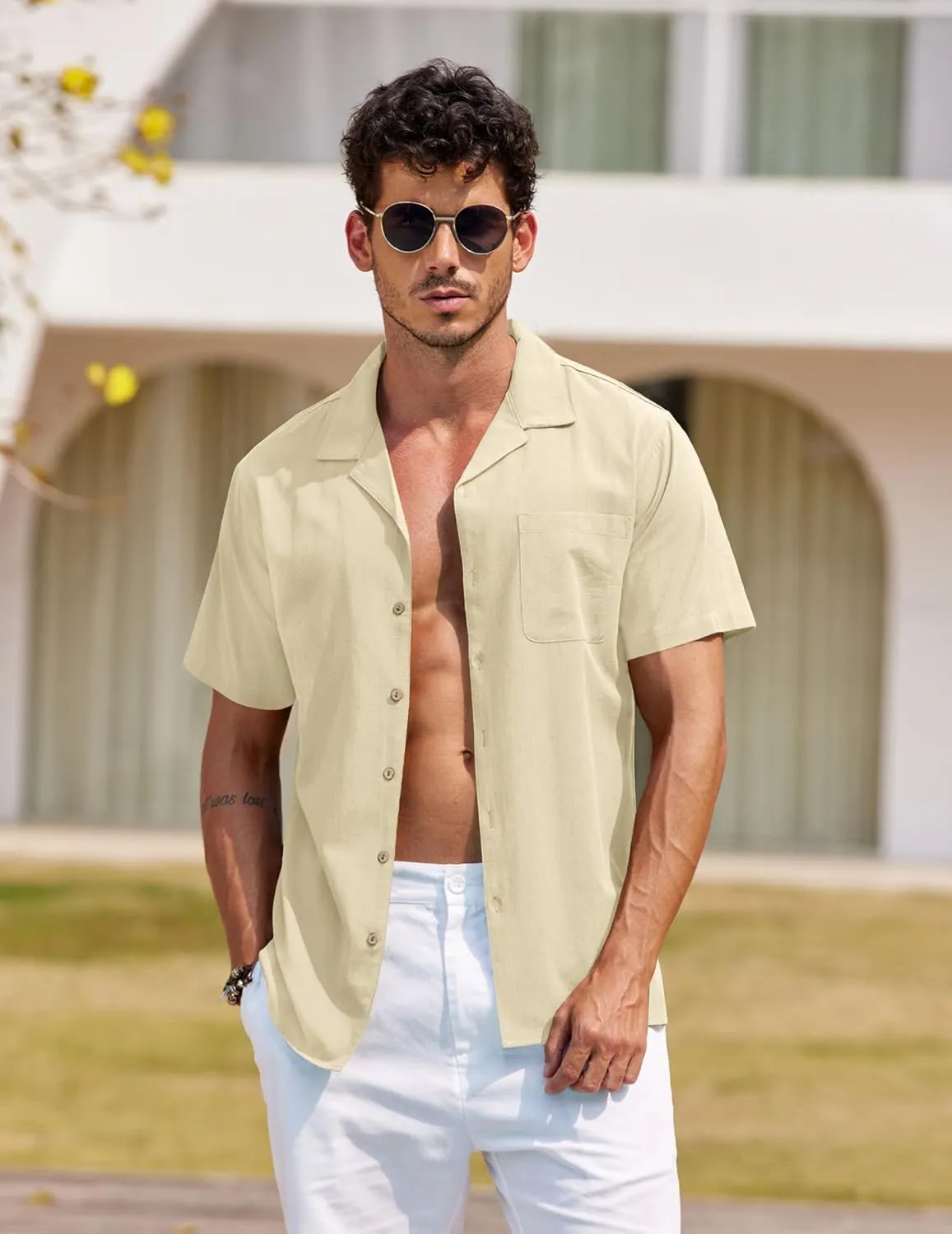 COOFANDY Men's Hawaiian Floral Shirts Cotton Linen Button Down Tropical Holiday Beach Shirts