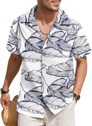 COOFANDY Men's Hawaiian Floral Shirts Cotton Linen Button Down Tropical Holiday Beach Shirts