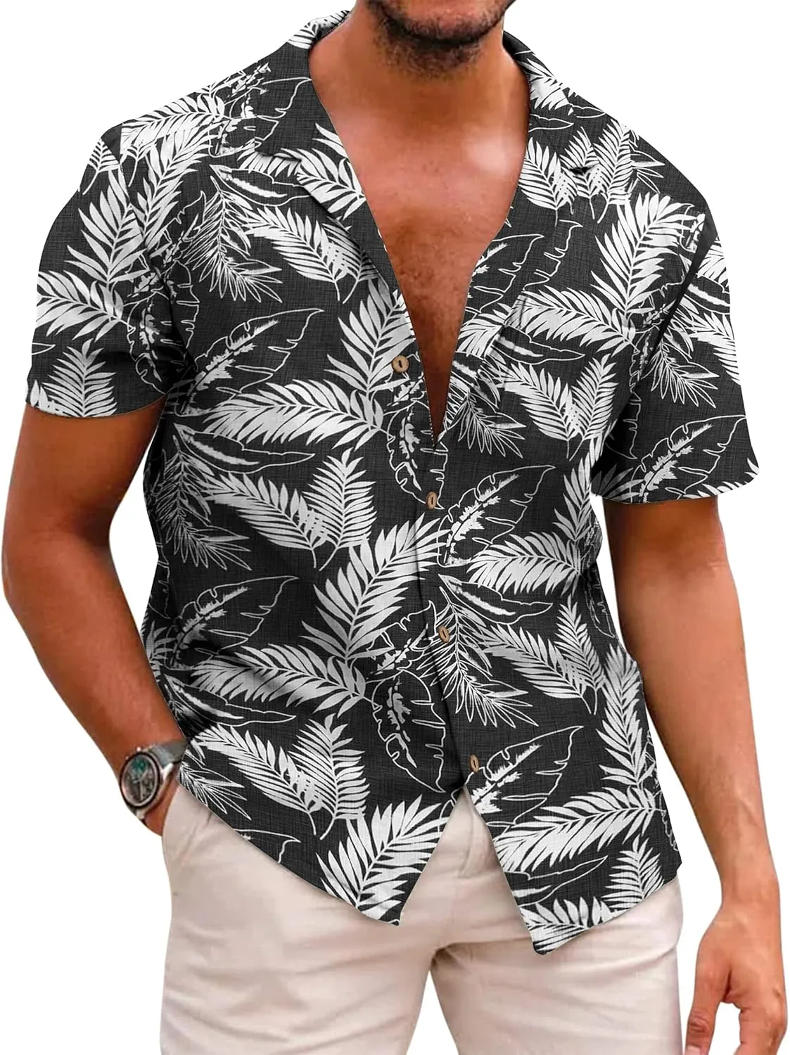 COOFANDY Men's Hawaiian Floral Shirts Cotton Linen Button Down Tropical Holiday Beach Shirts