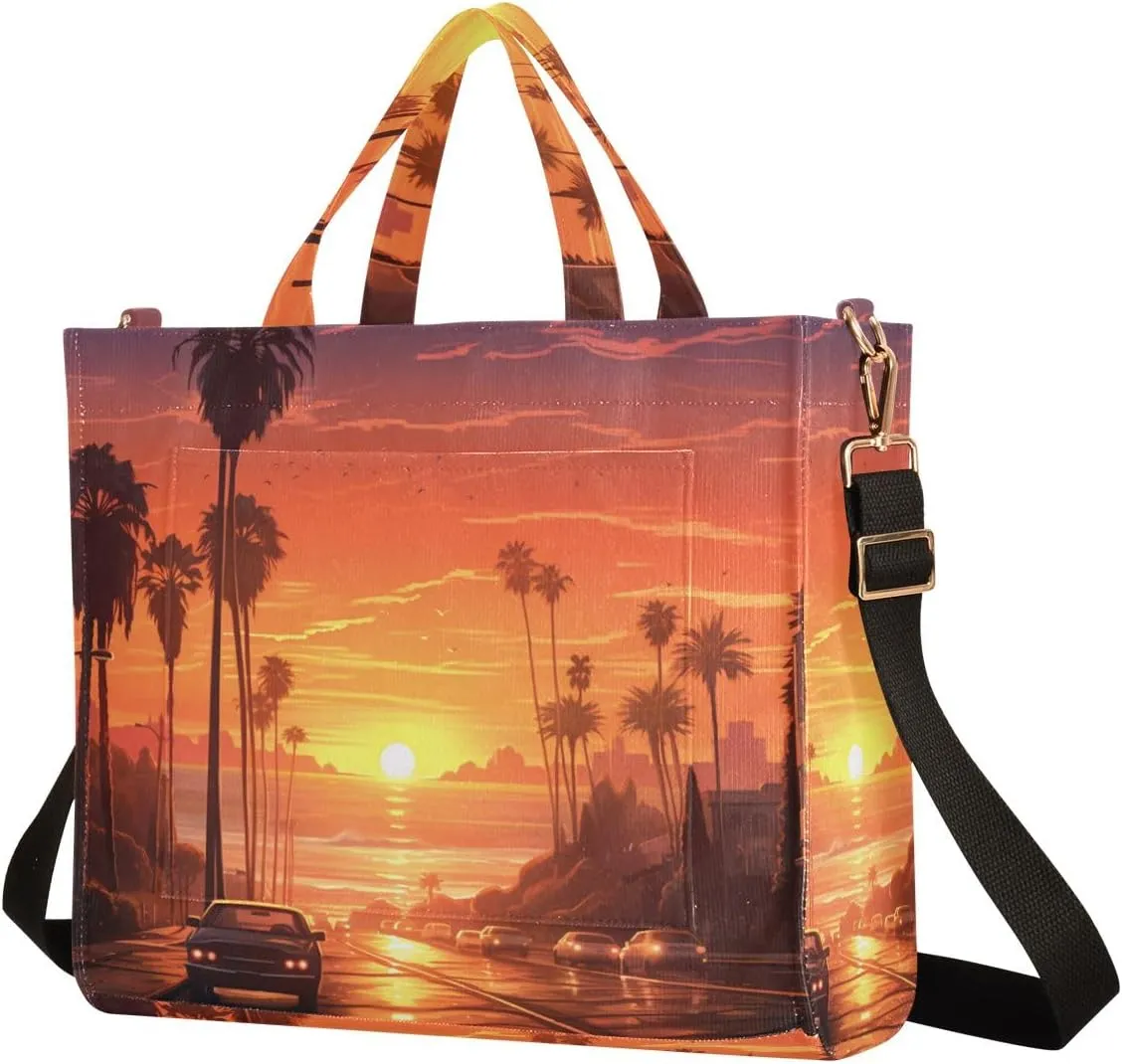 Corduroy Tote Bag Sunset Street Car Landscape Women Crossbody Bag with Detachable and Adjustable Shoulder Strap
