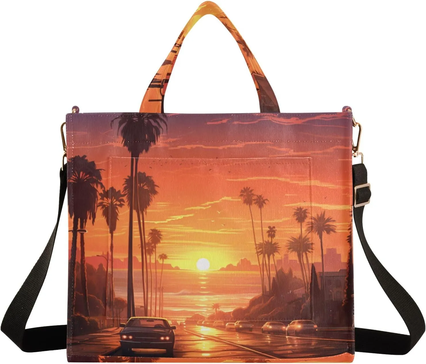 Corduroy Tote Bag Sunset Street Car Landscape Women Crossbody Bag with Detachable and Adjustable Shoulder Strap