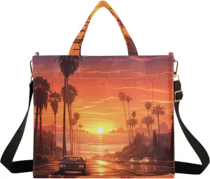 Corduroy Tote Bag Sunset Street Car Landscape Women Crossbody Bag with Detachable and Adjustable Shoulder Strap