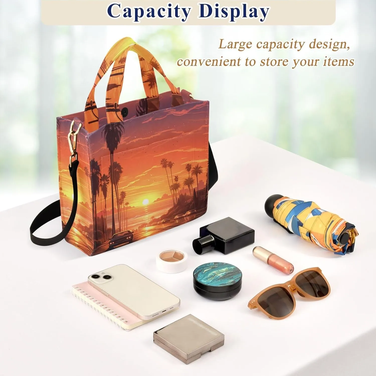 Corduroy Tote Bag Sunset Street Car Landscape Women Crossbody Bag with Detachable and Adjustable Shoulder Strap