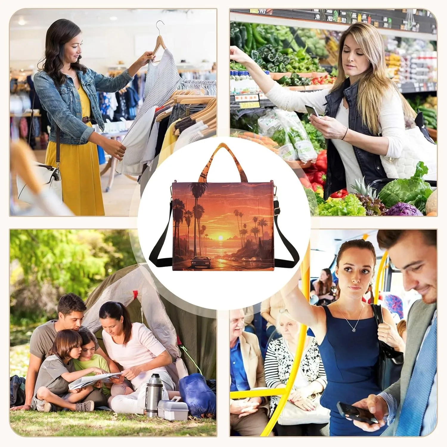 Corduroy Tote Bag Sunset Street Car Landscape Women Crossbody Bag with Detachable and Adjustable Shoulder Strap