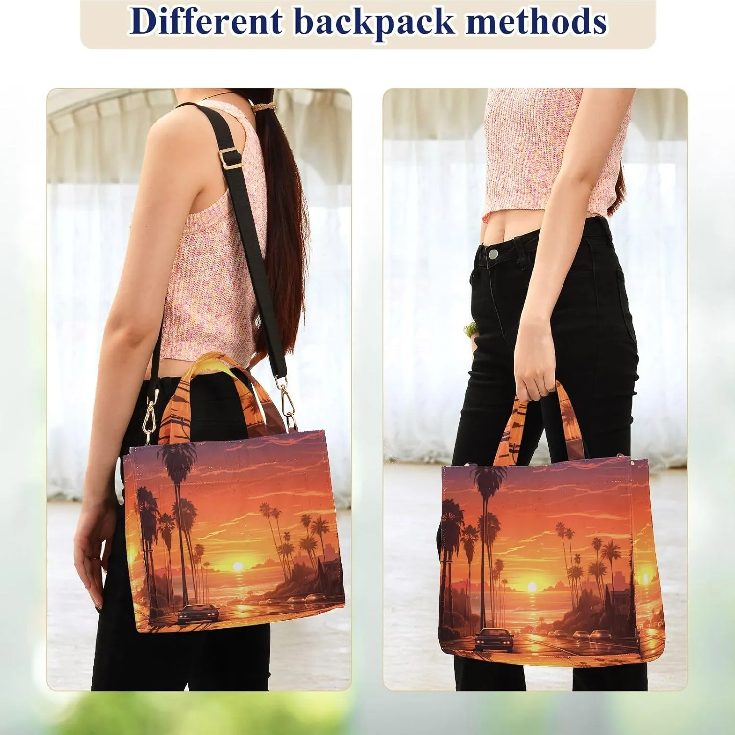Corduroy Tote Bag Sunset Street Car Landscape Women Crossbody Bag with Detachable and Adjustable Shoulder Strap