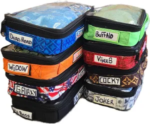 Cornhole Bag Pouch case insert Each case hold 4 regulation size bean bags This ad is for 8 pouches of one of each color/design With label handles to easily find your favorite equipment