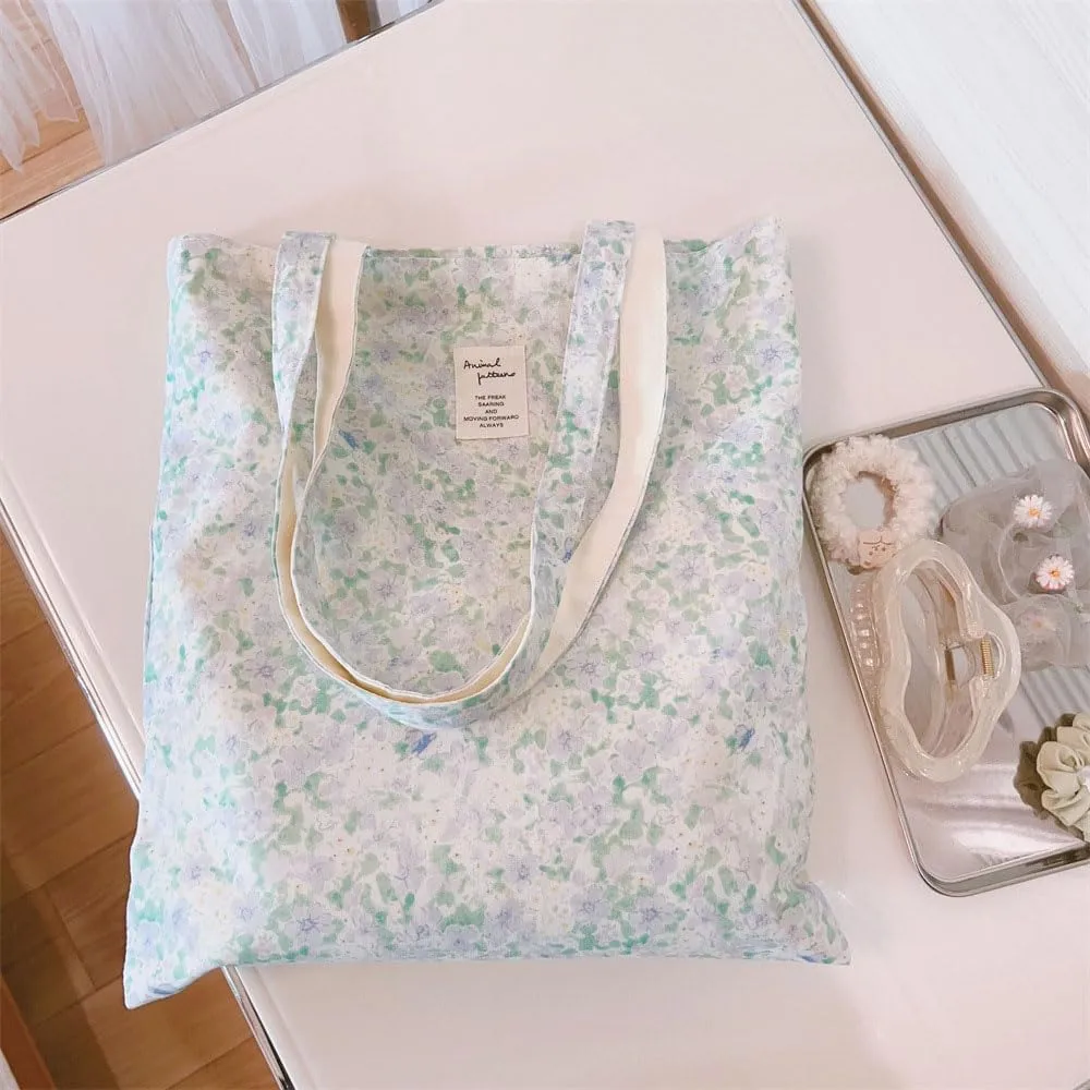 Cotton Canvas Tote Bag Reusable Soft Grocery Cloth Bag Floral Shoulder Bag for Beach Travel Shopping