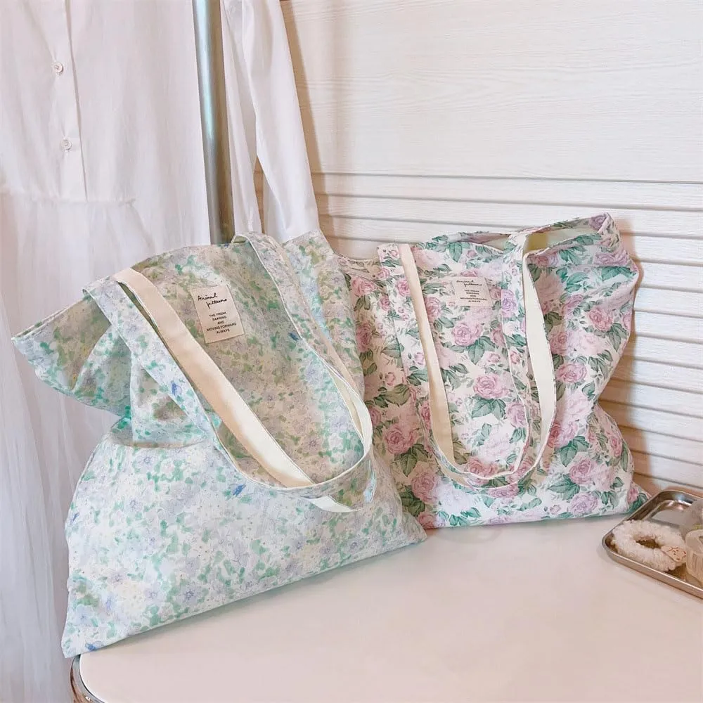Cotton Canvas Tote Bag Reusable Soft Grocery Cloth Bag Floral Shoulder Bag for Beach Travel Shopping