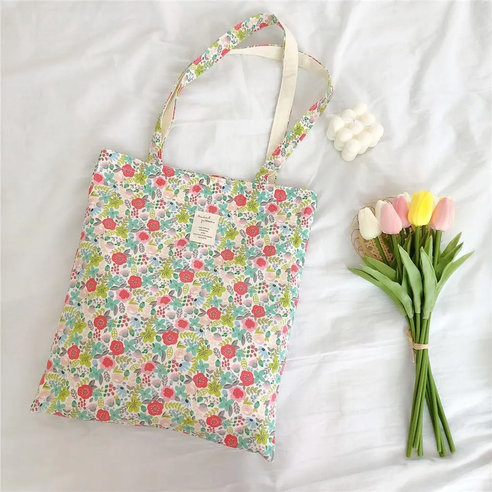 Cotton Canvas Tote Bag Reusable Soft Grocery Cloth Bag Floral Shoulder Bag for Beach Travel Shopping