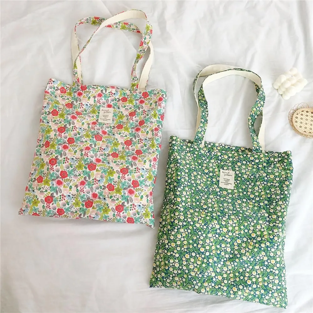Cotton Canvas Tote Bag Reusable Soft Grocery Cloth Bag Floral Shoulder Bag for Beach Travel Shopping