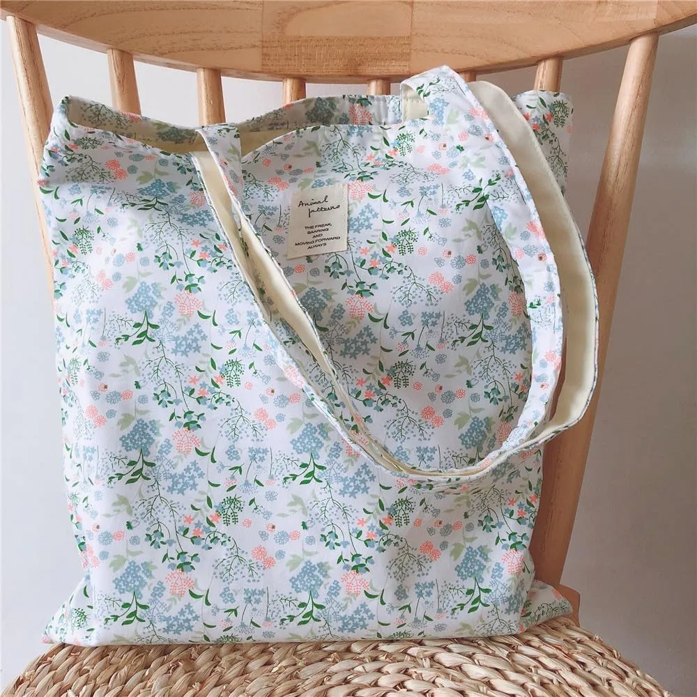 Cotton Canvas Tote Bag Reusable Soft Grocery Cloth Bag Floral Shoulder Bag for Beach Travel Shopping