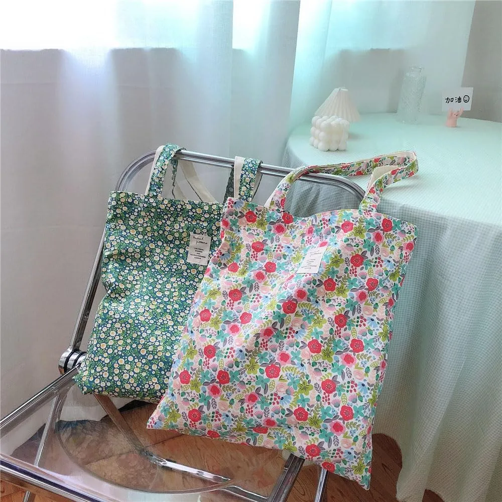 Cotton Canvas Tote Bag Reusable Soft Grocery Cloth Bag Floral Shoulder Bag for Beach Travel Shopping