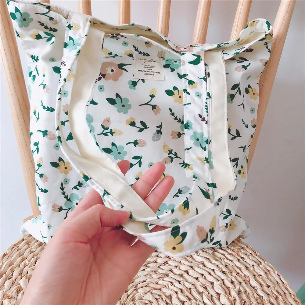 Cotton Canvas Tote Bag Reusable Soft Grocery Cloth Bag Floral Shoulder Bag for Beach Travel Shopping