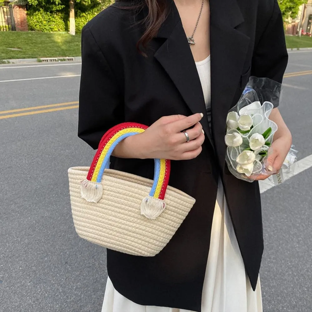 Cotton Handmade Women’s Tote Handbags Hand-Woven Purse with Rainbow Handles Summer Beach Tote Bag Travel Bag Holiday